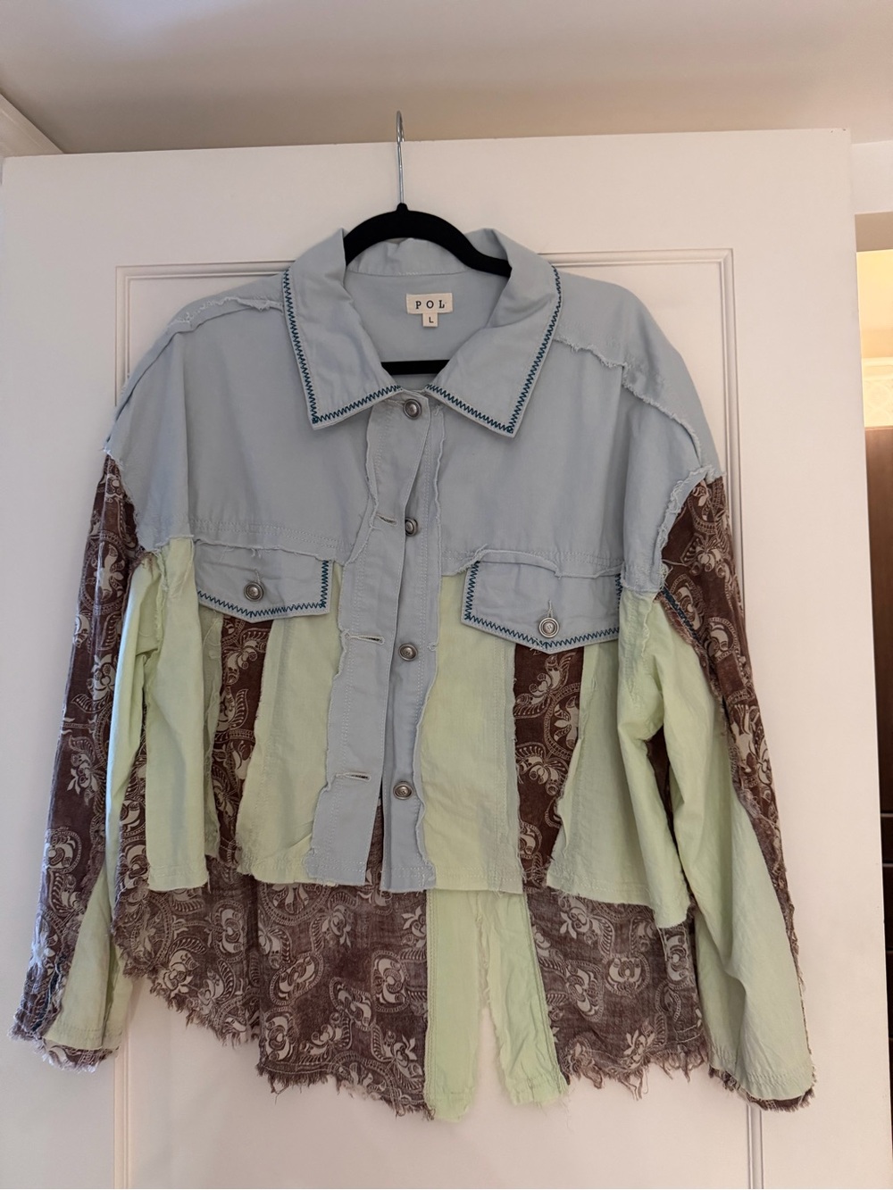 POL Patchwork Jean Jacket in Light Blue, Mint & Brown Paisley
